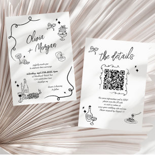 Modern Scribble Doodle QR Code Bruiloft uitnodigin Kaart