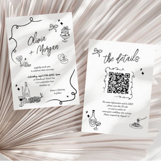 Modern Scribble Doodle QR Code Bruiloft uitnodigin Kaart