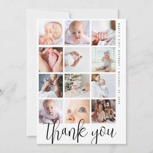 Modern Script 12 Photo Collage First Birthday Bedankkaart (Voorkant)