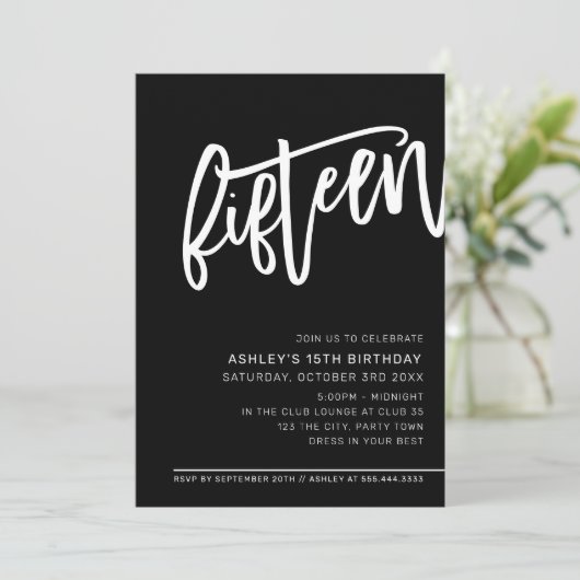 MODERN SCRIPT 15e verjaardagsfeestje zwart wit Kaart (Staand voorkant)