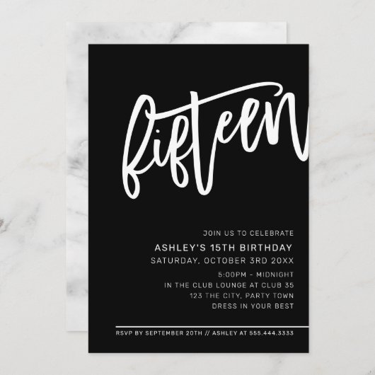 MODERN SCRIPT 15e verjaardagsfeestje zwart wit Kaart (Voorkant / Achterkant)