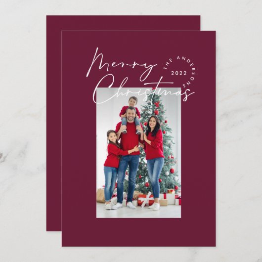 Modern script 1 foto met burgundy Merry kerst Feestdagenkaart (Voorkant / Achterkant)