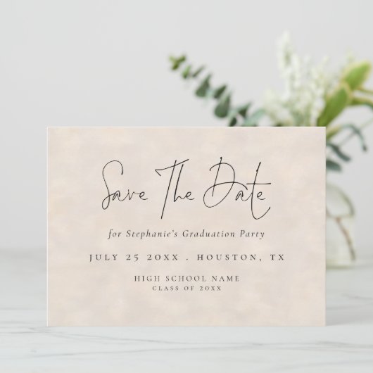 Modern Script 2025 Cream Texture Afstuderen Save The Date (Staand voorkant)