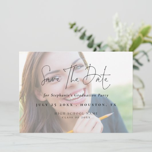 Modern Script 2025 Photo Light Overlay Afstuderen Save The Date (Staand voorkant)