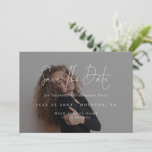 Modern Script 2025 Photo Overlay Afstuderen Save The Date (Staand voorkant)