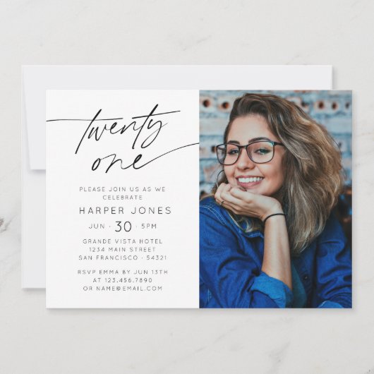 Modern Script 21st Verjaardagsfeestfoto Horizontaa Kaart (Voorkant)