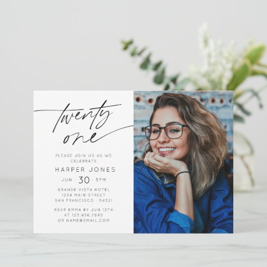 Modern Script 21st Verjaardagsfeestfoto Horizontaa Kaart (Staand voorkant)