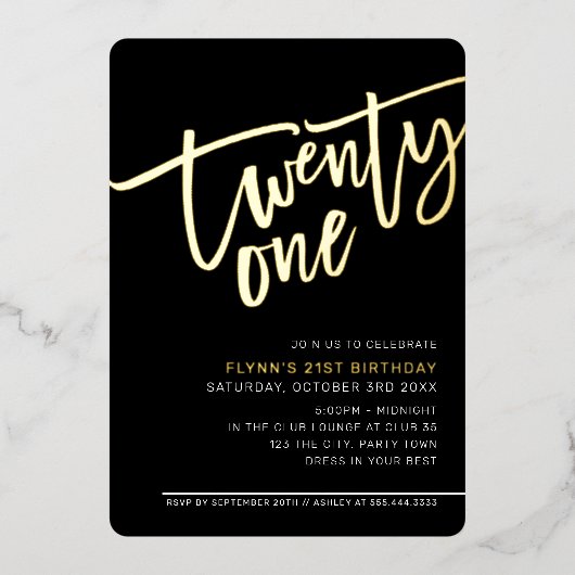 MODERN SCRIPT 21ste verjaardag zwart wit Folie Uitnodiging (Voorkant)