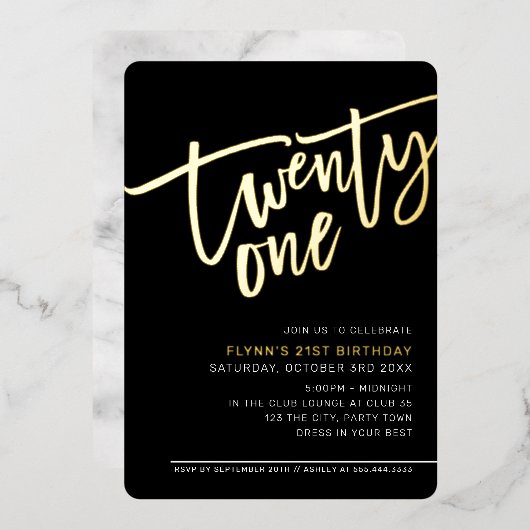 MODERN SCRIPT 21ste verjaardag zwart wit Folie Uitnodiging (Voorkant / Achterkant)