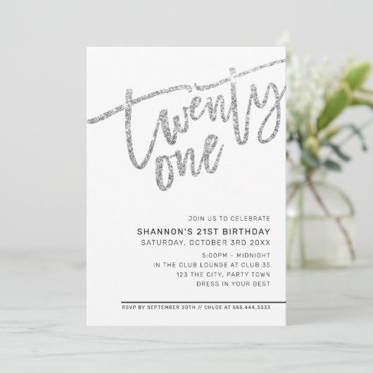 MODERN SCRIPT 21ste verjaardagsfeest zilveren glit Kaart (Staand voorkant)