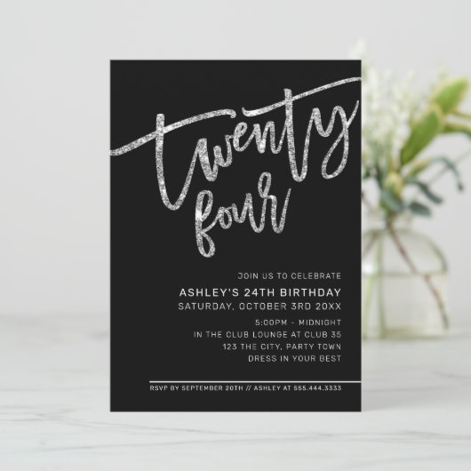 MODERN SCRIPT 24e verjaardag zwarte zilverglitter Kaart (Staand voorkant)
