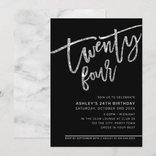 MODERN SCRIPT 24e verjaardag zwarte zilverglitter Kaart (Voorkant / Achterkant)