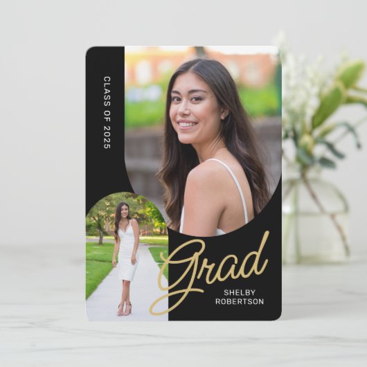 Modern Script 2 Arched Photos Afstuderen Aankondiging (Staand voorkant)