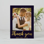 Modern script 2 foto bruiloft bedankt je kaart (Staand Voorkant)