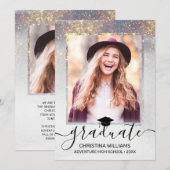Modern script 2 Foto Gold Glitter Afstuderen Anno Aankondiging (Voorkant / Achterkant)