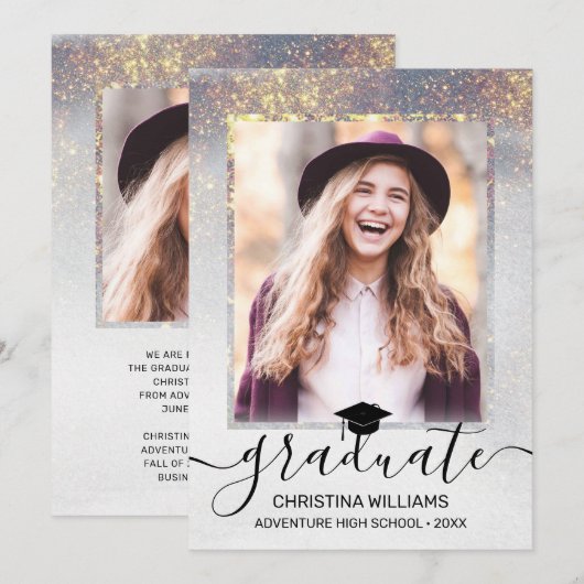 Modern script 2 Foto Gold Glitter Afstuderen Anno Aankondiging (Voorkant / Achterkant)