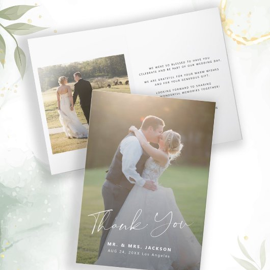 Modern script 2 foto's bruiloft bedankt kaart
