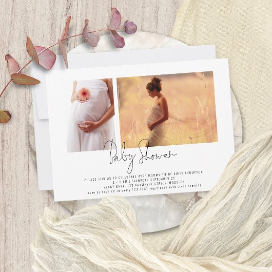 Modern script 2 Foto's Genderneutraal Baby shower Kaart