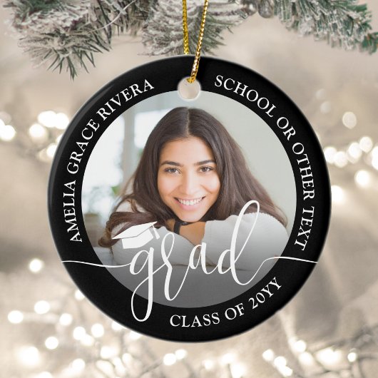 Modern Script 2 Photo Graduation Round Black Keramisch Ornament