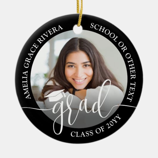Modern Script 2 Photo Graduation Round Black Keramisch Ornament (Voorkant)