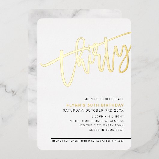 MODERN SCRIPT 30e verjaardag van elegant goud Folie Uitnodiging (Voorkant / Achterkant)