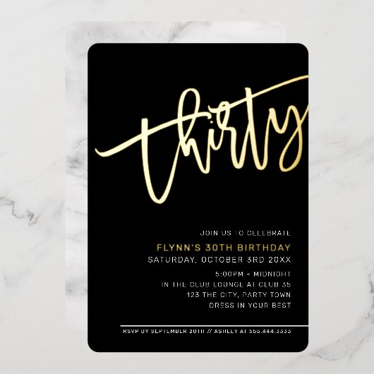 MODERN SCRIPT 30e verjaardag zwart wit goud Folie Uitnodiging (Voorkant / Achterkant)