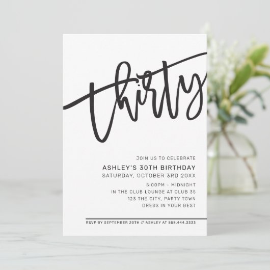MODERN SCRIPT 30e verjaardag zwart wit Kaart (Staand voorkant)