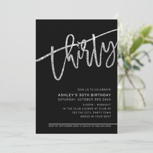 MODERN SCRIPT 30e verjaardag zwart zilver glitter Kaart (Staand voorkant)