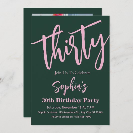 Modern Script 30th Birthday Party Foto Kaart (Voorkant / Achterkant)