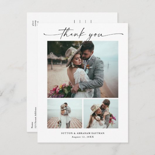 Modern Script 3 foto bruiloft dank u Briefkaart (Voorkant / Achterkant)