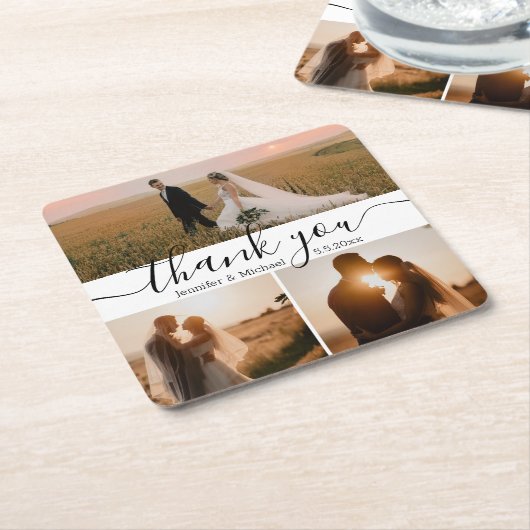 Modern Script 3 foto bruiloft Dank u Kartonnen Onderzetters (Schuin)