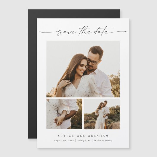 Modern Script 3 Foto Bruiloft Save the Date Magnet (Voorkant / Achterkant)