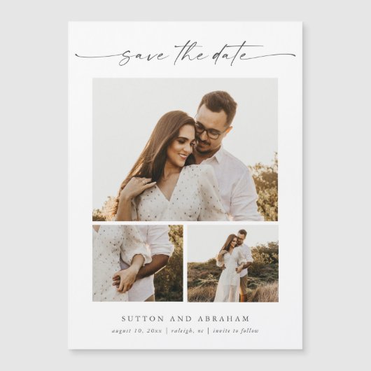 Modern Script 3 Foto Bruiloft Save the Date Magnet (Voorkant)