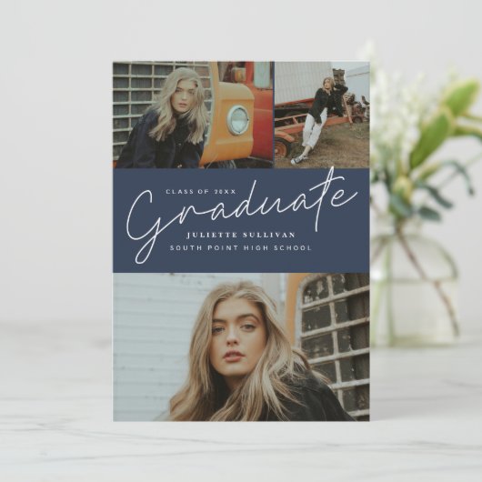 Modern script 3 Foto Collage Graduation Party Kaart (Staand voorkant)
