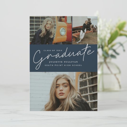Modern script 3 Foto Collage Graduation Party Kaart (Staand voorkant)