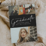 Modern script 3 Foto Collage Graduation Party Kaart<br><div class="desc">Deze moderne,  elegante,  stijlvolle combinatie van de aankondigingsuitnodiging van het afstuderen van de foto kenmerkt manuscript afstuderen en klantgerichte naam,  school en drie fotocollage op de voorzijde. De achterzijde biedt congraten en gebeurtenisdetails met een extra foto aan. Een geweldige manier om je afstuderen te laten zien.</div>