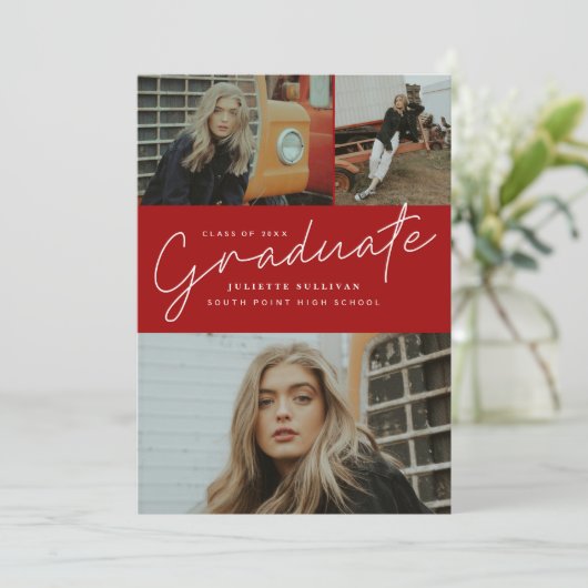 Modern script 3 Foto Collage Graduation Party Kaart (Staand voorkant)