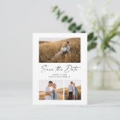 Modern Script 3 Foto Huwelijk Save The Date Aankondigingskaart (Staand voorkant)