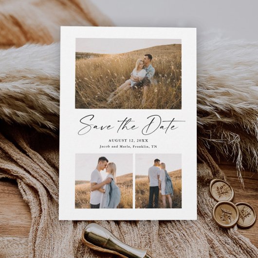 Modern Script 3 Foto Huwelijk Save The Date Magnetische Uitnodiging