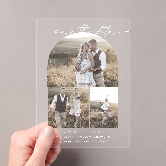 Modern Script 3 Foto White Wedding Sla de datum op Acryl Uitnodigingen (Insitu (Draagbaar))