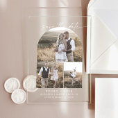 Modern Script 3 Foto White Wedding Sla de datum op Acryl Uitnodigingen