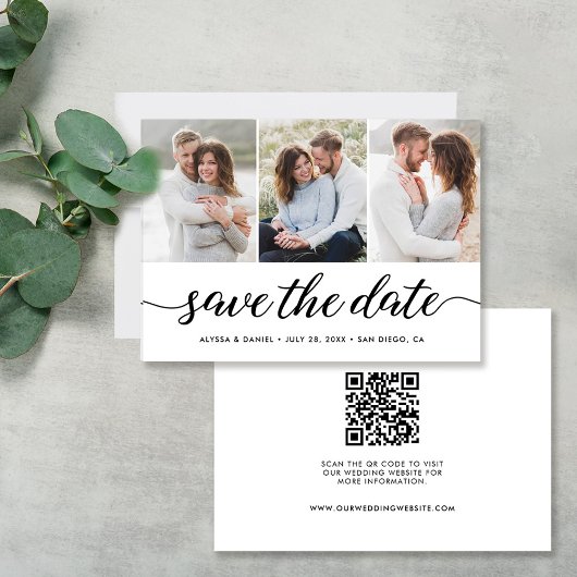 Modern script 3 Foto's QR CODE Wedding website Save The Date