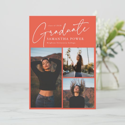 Modern Script 3 Foto's Roze Afstuderen Aankondiging (Staand voorkant)