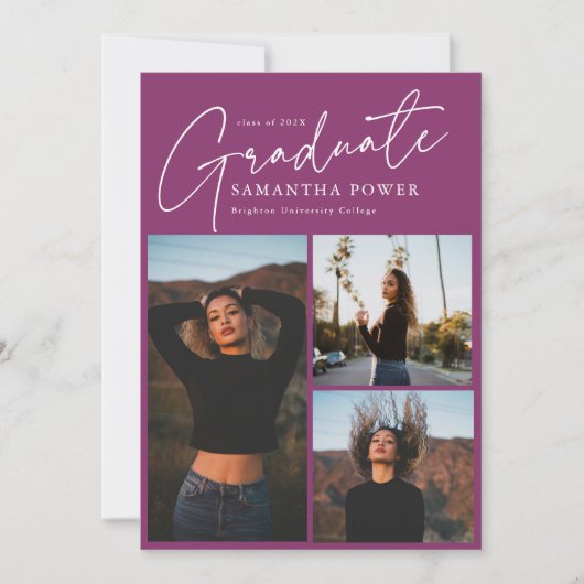 Modern Script 3 Foto's Roze Afstuderen Aankondiging (Voorkant)