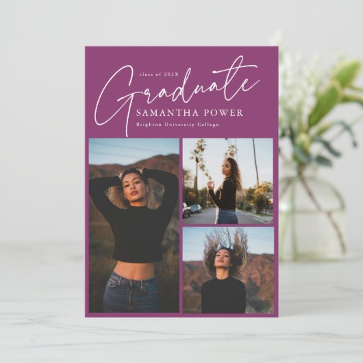 Modern Script 3 Foto's Roze Afstuderen Aankondiging (Staand voorkant)