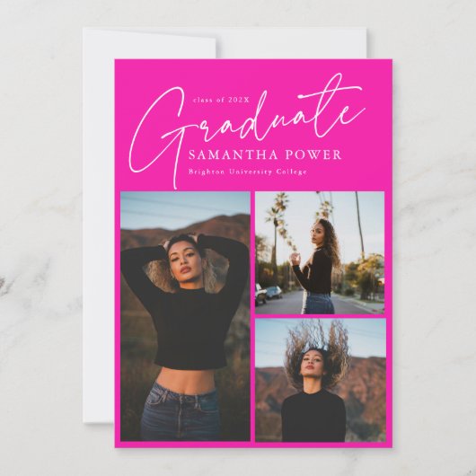 Modern Script 3 Foto's Roze Afstuderen Aankondiging (Voorkant)