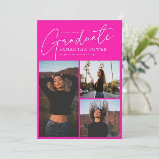 Modern Script 3 Foto's Roze Afstuderen Aankondiging (Staand voorkant)