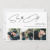 Modern script 3 foto's simpele bruiloft save the date (Voorkant)