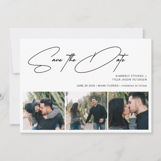 Modern script 3 foto's simpele bruiloft save the date (Voorkant)