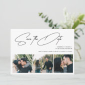 Modern script 3 foto's simpele bruiloft save the date (Staand voorkant)